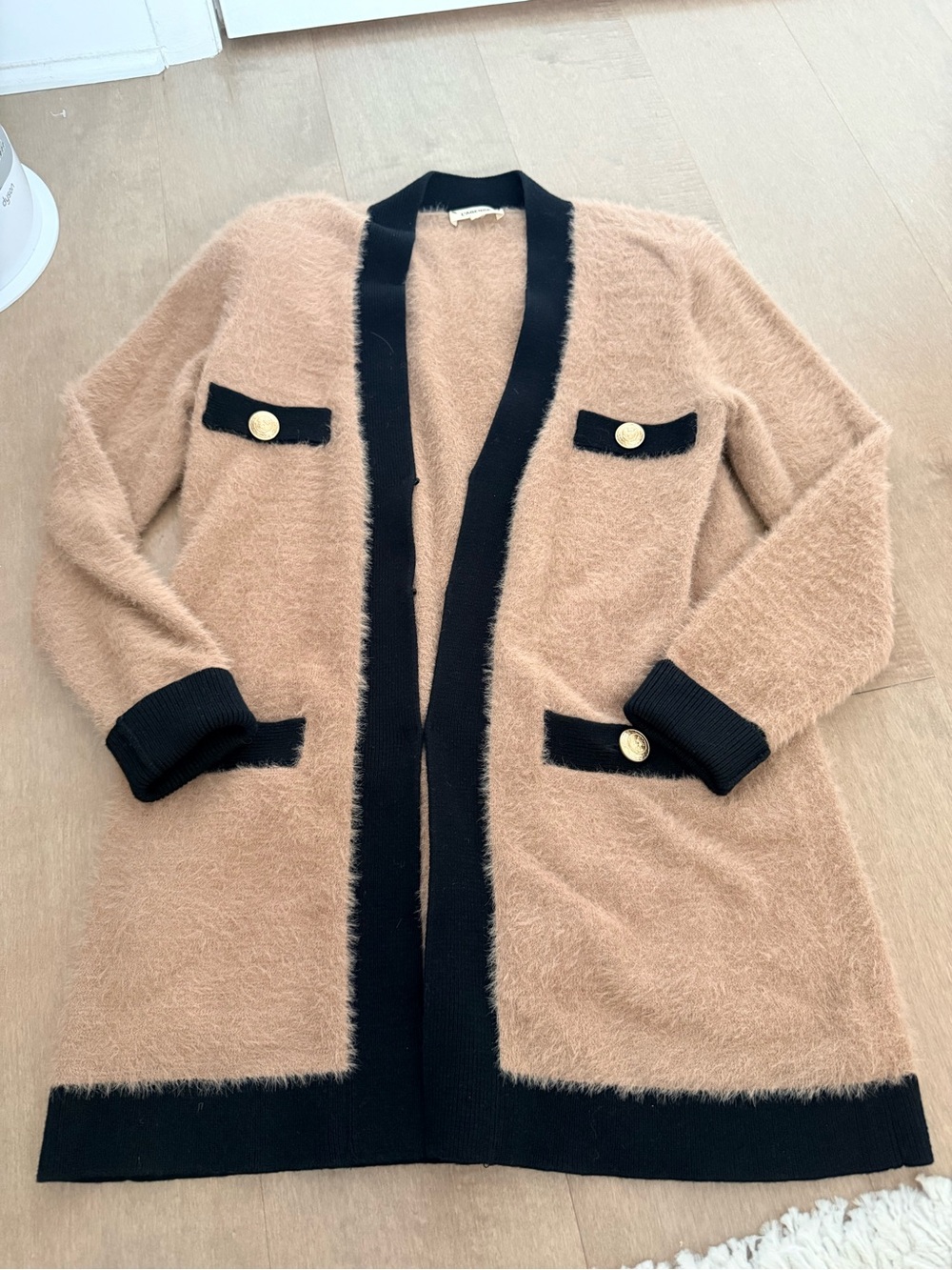 L'AGENCE Camel and Black Fuzzy Longline Cardigan